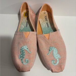 TOMS Pink Canvas Slip-On Flats with Mint Seahorse Embroidery